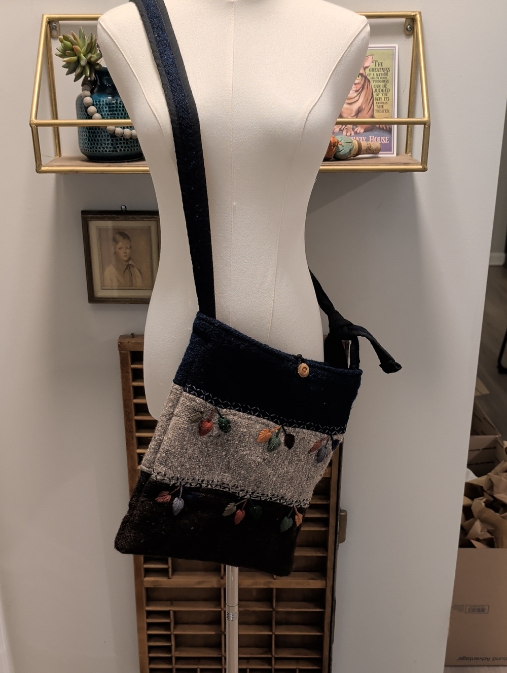 Handcrafted Boho Hippi Navy Gray Crossbody Bag with Embroidered Leaf Accents - Picture 2 of 11